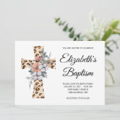 Invitation Aquarelle Floral Leopard Cross Grey Baptême gris (Debout devant)