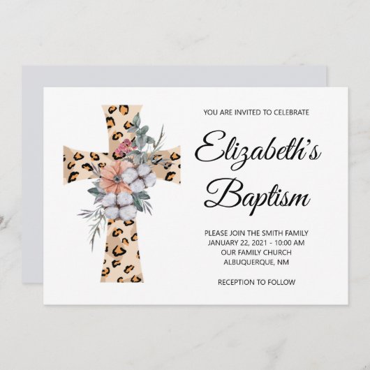 Invitation Aquarelle Floral Leopard Cross Grey Baptême gris (Devant / Derrière)