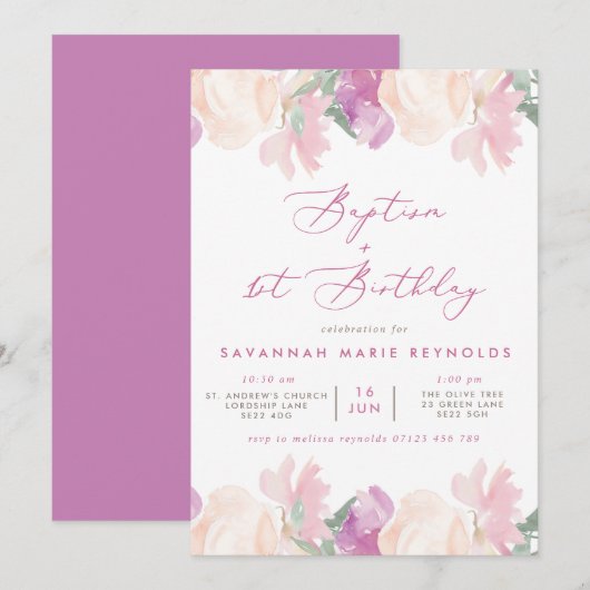 Invitation Aquarelle Floral Lilac Baptême & 1er Anniversaire (Devant / Derrière)