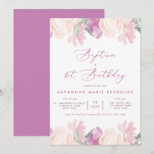 Invitation Aquarelle Floral Lilac Baptême & 1er Anniversaire
