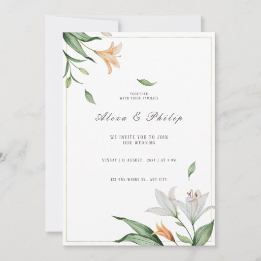 Invitation Aquarelle Floral Lily Mariage (Devant)