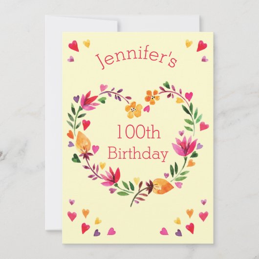 Invitation Aquarelle Floral Love Heart Wreath 100e anniversai (Devant)
