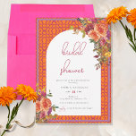 Invitation Aquarelle Floral Magenta Fuchsia Fête des mariées<br><div class="desc">Cette amusante invitation à la douche nuptiale d'été a des accents orange,  rose et violet. L'arrière - plan est un motif géométrique orange et magenta avec des fleurs d'aquarelle y compris des roses et des fleurs sauvages.</div>