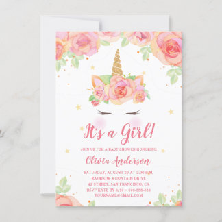 Invitation Aquarelle Floral Magique Unicorn Baby shower fille