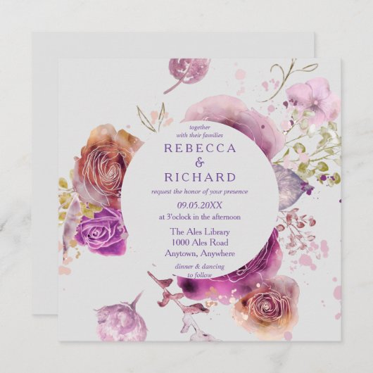 Invitation Aquarelle Floral Majesté Mariage (Devant / Derrière)