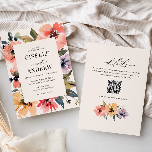 Invitation Aquarelle Floral Mariage à double sens site Web QR