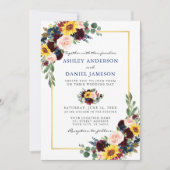 Invitation Aquarelle Floral Mariage Bleu Gold Frame (Devant)