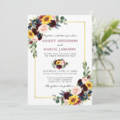 Invitation Aquarelle Floral Mariage Bourgogne Gold Frame (Debout devant)