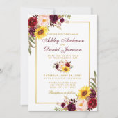 Invitation Aquarelle Floral Mariage Bourgogne Or (Devant)
