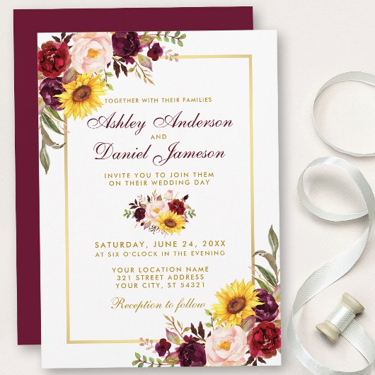 Invitation Aquarelle Floral Mariage Bourgogne Or