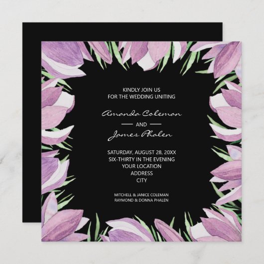 Invitation Aquarelle Floral Mariage noir (Devant / Derrière)