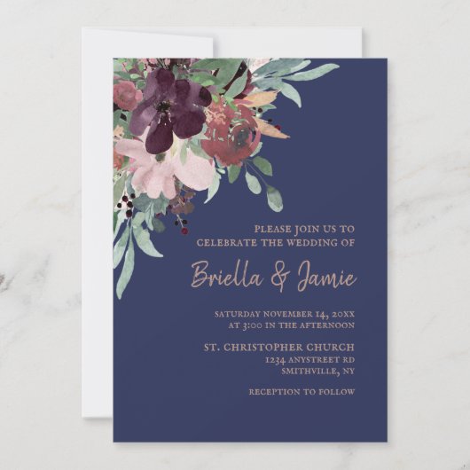 Invitation Aquarelle Floral Marine Plum & Rose Mariage or (Devant)