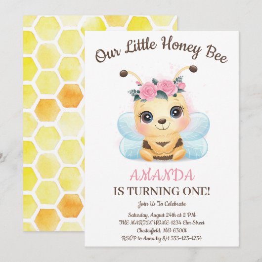 Invitation Aquarelle Floral Miel Bee Anniversaire (Devant / Derrière)