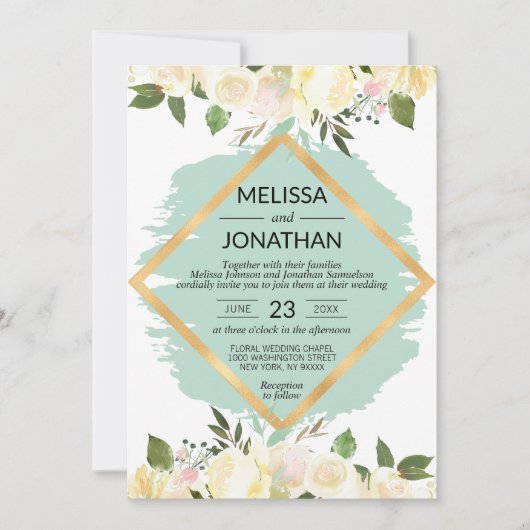 Invitation Aquarelle Floral Mint rose Mariage d'or ivoire (Devant)