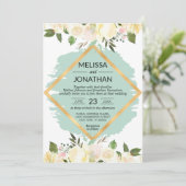 Invitation Aquarelle Floral Mint rose Mariage d'or ivoire (Debout devant)