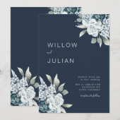 Invitation Aquarelle Floral Moderne Marine Mariage bleu (Devant / Derrière)