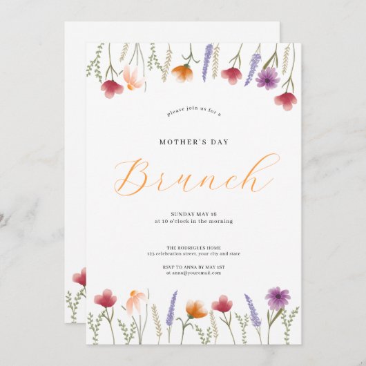 Invitation Aquarelle Floral Mothers Day Brunch (Devant / Derrière)