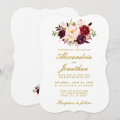 Invitation Aquarelle Floral Or Bourgogne Mariage BR (Devant / Derrière)