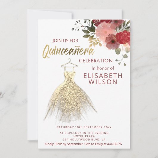 Invitation Aquarelle Floral or paillettes robe Quinceañera (Devant)