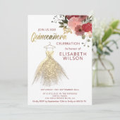 Invitation Aquarelle Floral or paillettes robe Quinceañera (Debout devant)