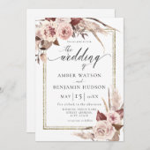Invitation Aquarelle Floral Or Pampas Boho Mariage (Devant / Derrière)