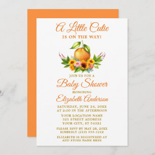 Invitation Aquarelle Floral Orange Baby shower Little Cutie