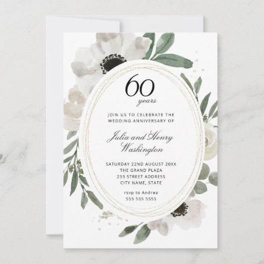 Invitation Aquarelle Floral Paillettes Or 60e Anniversaire (Devant)