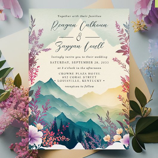 Invitation Aquarelle Floral Pastel Spring Mountains Mariage