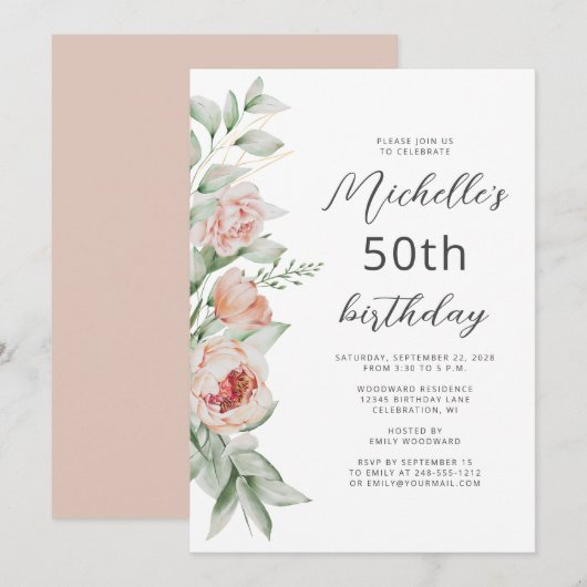 Invitation Aquarelle Floral Peach Blush 50e anniversaire (Devant / Derrière)