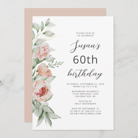 Invitation Aquarelle Floral Peach Blush 60e anniversaire (Devant / Derrière)