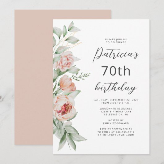 Invitation Aquarelle Floral Peach Blush 70e anniversaire (Devant / Derrière)
