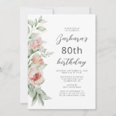 Invitation Aquarelle Floral Peach Blush 80e anniversaire (Devant)