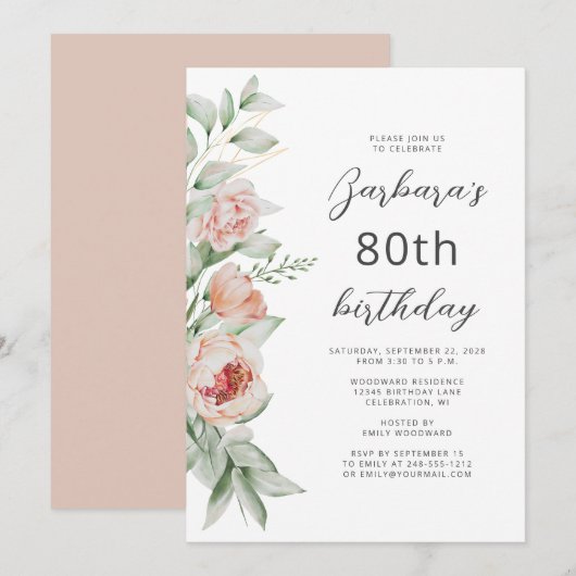 Invitation Aquarelle Floral Peach Blush 80e anniversaire (Devant / Derrière)