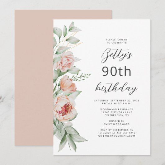 Invitation Aquarelle Floral Peach Blush 90e anniversaire (Devant / Derrière)