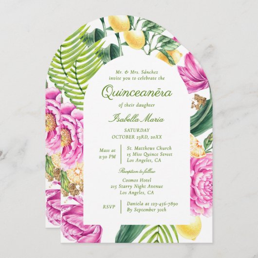 Invitation Aquarelle Floral Peonies Custom Photo Quinceañera (Devant / Derrière)