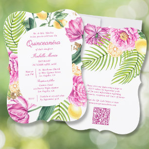 Invitation Aquarelle Floral Peonies QR Code Quinceañera