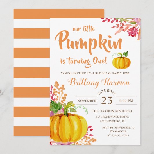 Invitation Aquarelle Floral Petite fille Citrouille Anniversa (Devant / Derrière)