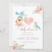 Invitation Aquarelle Floral Petits oiseaux Baby shower fille (Devant)