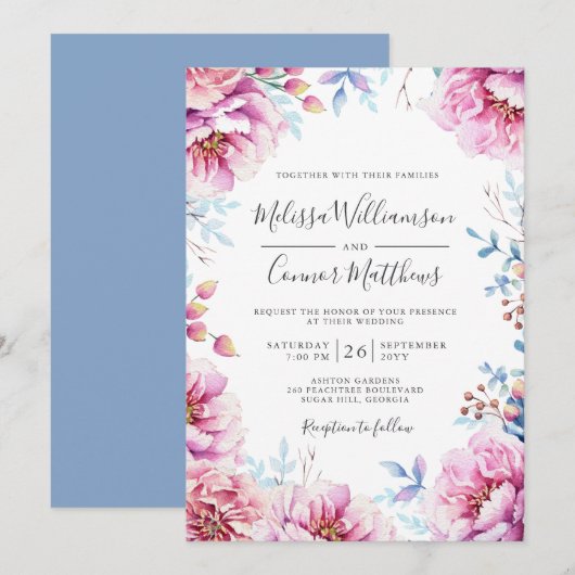 Invitation Aquarelle Floral Pink Peony Mariage (Devant / Derrière)