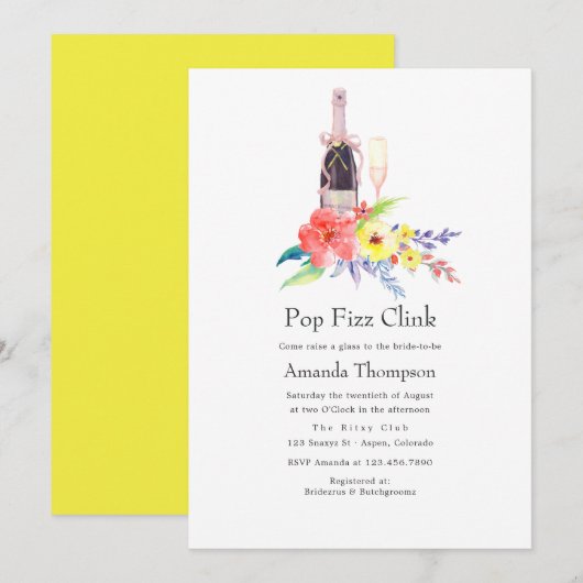 Invitation Aquarelle Floral Pop Fizz Clink Fête des mariées (Devant / Derrière)