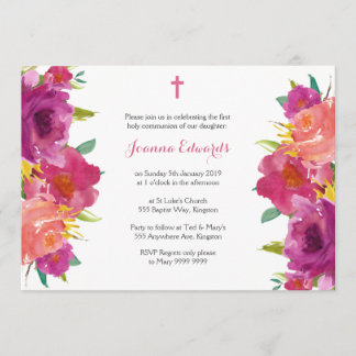 Invitation Aquarelle Floral Première communion personnalisée