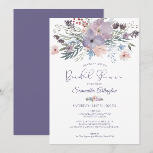 Invitation Aquarelle Floral Purple Blush Fête des mariées (Devant / Derrière)
