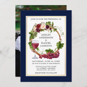 Invitation Aquarelle Floral Raisins Wreath Photo Mariage bleu
