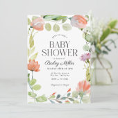 Invitation Aquarelle Floral rose Baby shower vert (Debout devant)