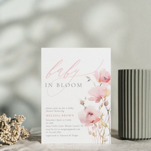Invitation Aquarelle Floral rose bébé Baby shower fille