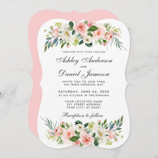 Invitation Aquarelle Floral rose blanc Mariage blanc BP (Devant / Derrière)