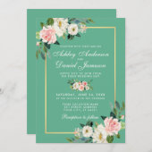 Invitation Aquarelle Floral Rose Blanc Or Mariage Neo Mint (Devant / Derrière)