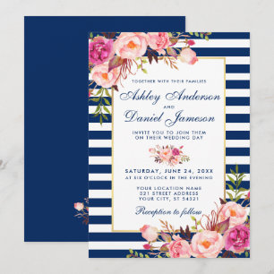 Invitation Aquarelle Floral rose Bleu Mariage B