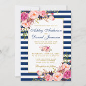 Invitation Aquarelle Floral rose Bleu Mariage or (Devant)