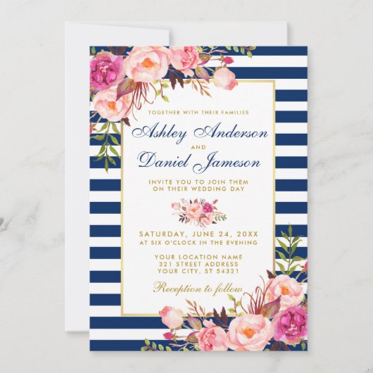 Invitation Aquarelle Floral Rose Bleu Mariage or rayé (Devant)